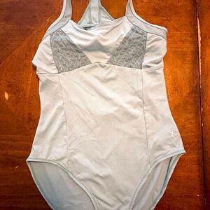 Danskin Women’s Dance Leotard Sz 12-14, Light blue with lace trim, cut out back